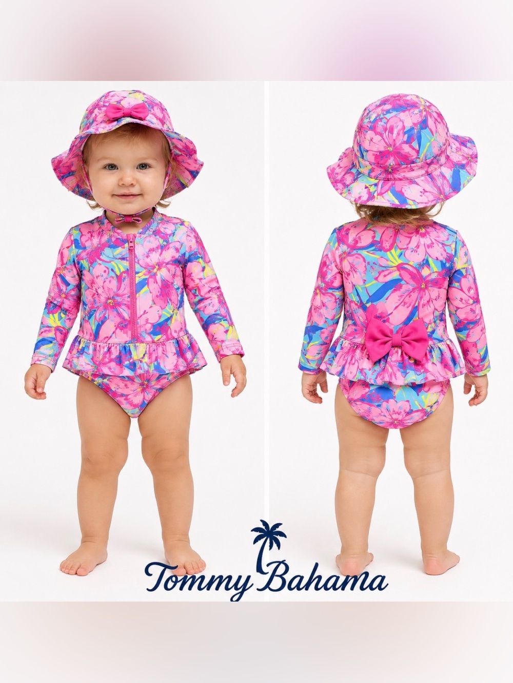 Tommy Bahama Baby Girl 24M Floral Rash Guard Swimsuit Set Hat UPF 50+ Ruffle Bow